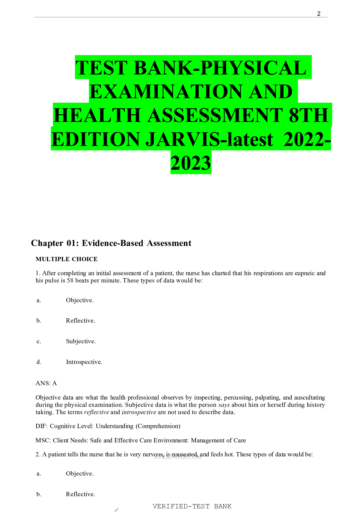 Preview of TEST BANK-PHYSICAL EXAMINATION AND HEALTH ASSESSMENT 8TH EDITION JARVIS-latest  2022-2023